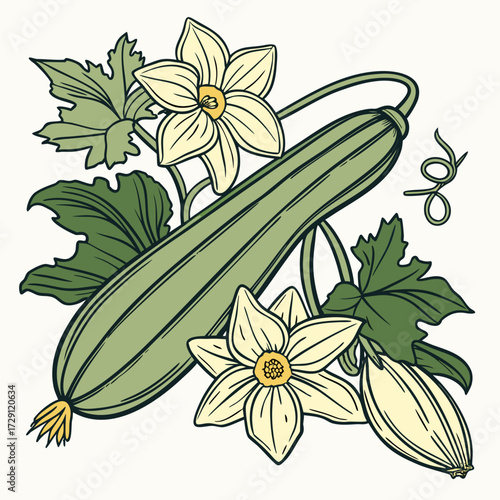 A stylized illustration of a ripe green zucchini with delicate yellow blossoms and lush green leaves on a plain background showcasing the beauty of summer squash