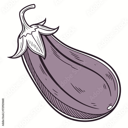 A stylized illustration of a single purple eggplant with a green stem and sepals presented on a clean white background rendered in a hand drawn sketch style with bold outlines and subtle shading