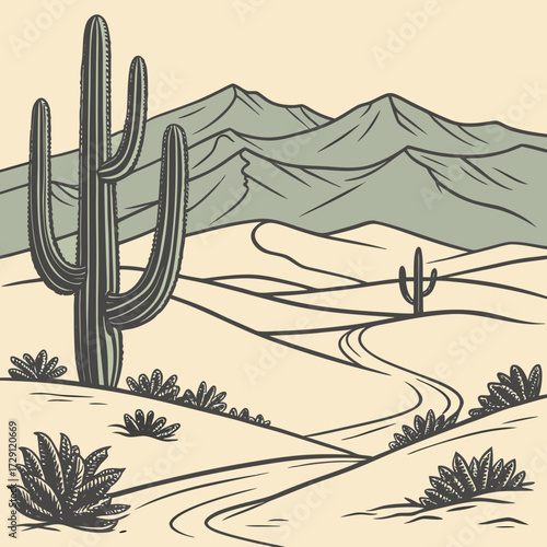 A stylized illustration of a vast desert landscape featuring a prominent saguaro cactus in the foreground rolling sand dunes sparse desert brush and distant mountain ranges under a pale sky
