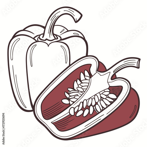 A stylized illustration of a whole red bell pepper next to a halved red bell pepper revealing its seeds and inner structure on a white background