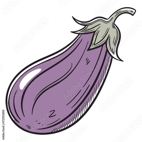 A vibrant purple eggplant with a green stem and sepals depicted in a clean hand drawn illustration style with bold outlines and subtle shading on a white background