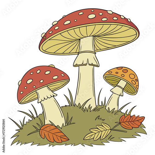 A whimsical illustration of three colorful cartoon mushrooms two red with white spots and one orange with darker spots nestled in green grass with fallen autumn leaves