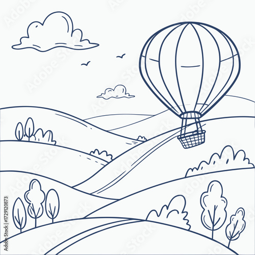 A whimsical hand drawn outline illustration of a hot air balloon floating serenely over rolling hills and fluffy clouds with a few birds in the sky