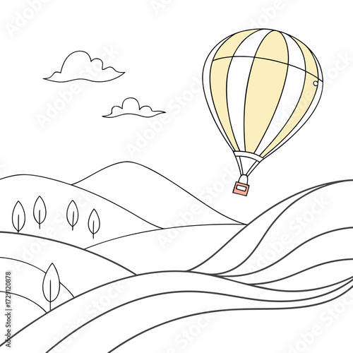 A whimsical yellow and white striped hot air balloon floats serenely above rolling hills and stylized trees under a sky with two fluffy clouds