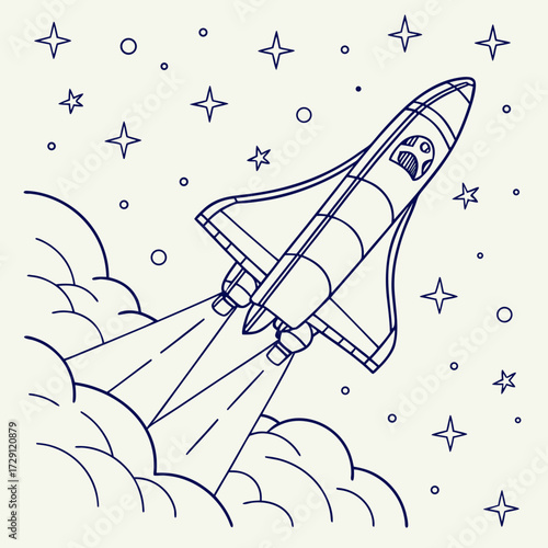 A whimsical line art illustration of a cartoon space shuttle launching into the starry night sky with stylized clouds and exhaust plumes against a cream background
