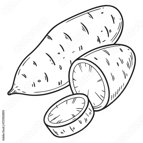 A whole sweet potato and two slices of sweet potato shown in a simple black and white line drawing illustration on a white background
