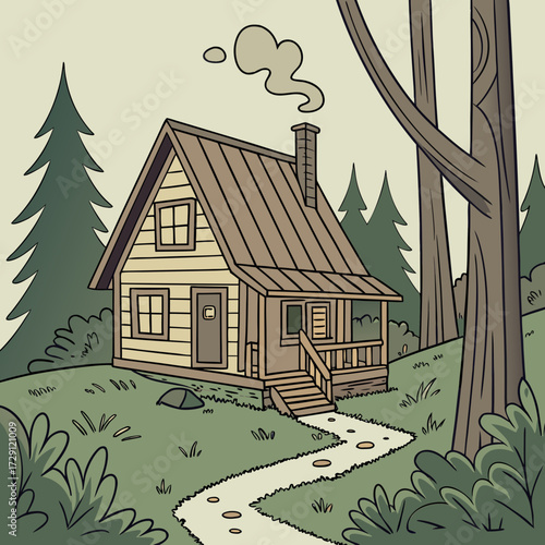 Charming wooden cabin nestled in a serene forest clearing with a winding path leading to its welcoming entrance and smoke gently rising from the chimney