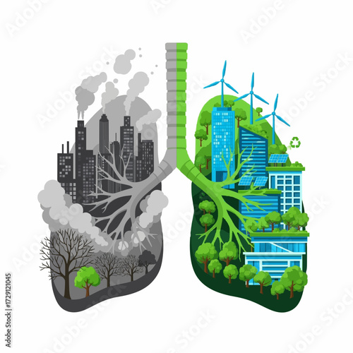 Conceptual illustration contrasting a polluted industrial cityscape with a clean, green, sustainable eco-city, symbolizing the choice for a healthy environment