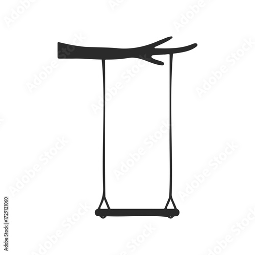 Minimalist tree branch swing silhouette on white background