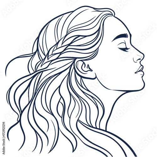 Elegant minimalist line art illustration of a woman s profile with flowing hair and closed eyes conveying peace and serenity in a simple dark blue outline on a white background