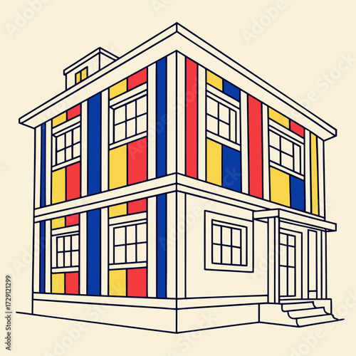 Geometric modern house facade with primary colors red blue yellow and black outline on cream background abstract architectural design