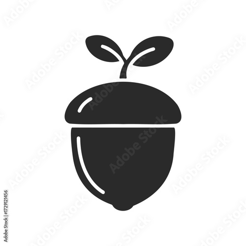 Black acorn icon with sprouting leaves on white background