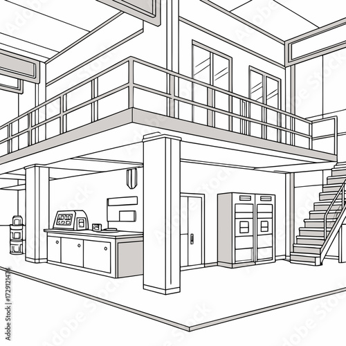 Interior architectural drawing of a modern office space with a mezzanine level reception desk filing cabinets and a staircase leading to the upper floor