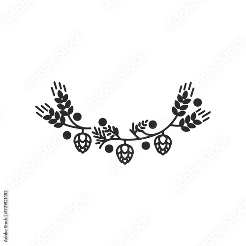 Black silhouette of hops and barley arrangement with leaves and berries