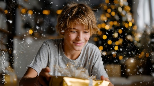 Exciting christmas gift unwrapping cozy home holiday celebration festive atmosphere close-up joyful anticipation