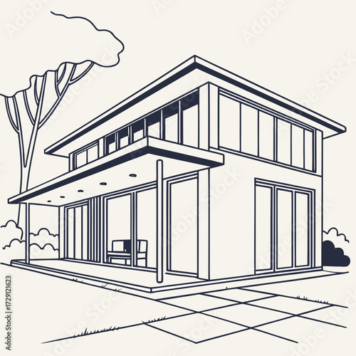 Modern minimalist two story house with large windows and a covered porch surrounded by trees and bushes in a clean line art style illustration