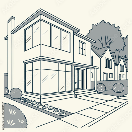 Modern suburban house with large windows and a chimney viewed from the street with a sidewalk and landscaping surrounded by other houses and trees in a clean line art illustration style