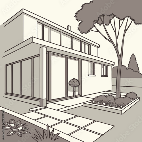 Modern two story house with large windows and a well manicured garden featuring a large tree and pathway leading to the entrance