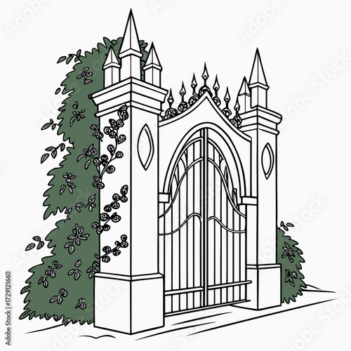 Ornate gothic style entrance gate with decorative spikes and climbing vines surrounded by lush green foliage on a white background