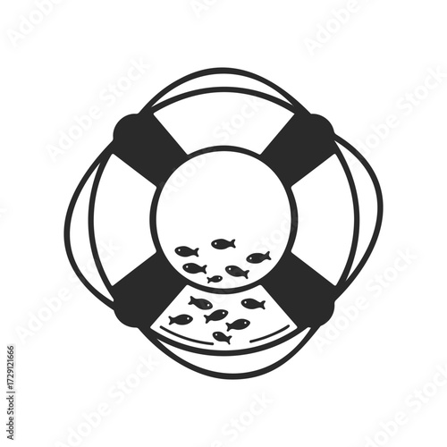 Lifesaver ring with fish icon in black and white design