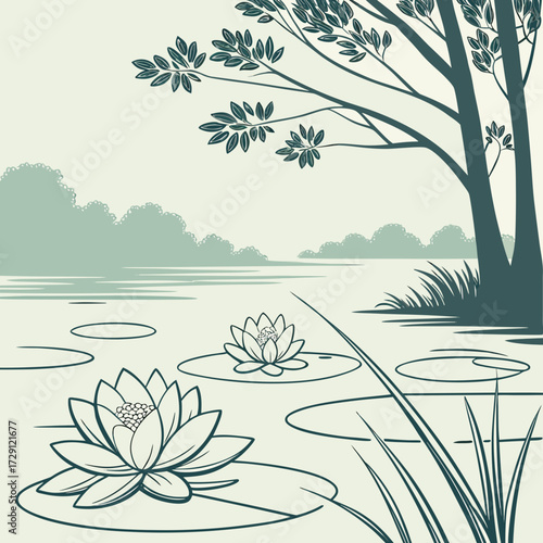 Serene lake scene with blooming water lilies and lush trees on the shore evoking a peaceful natural landscape