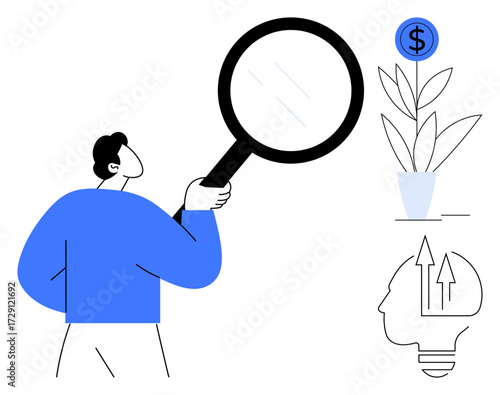Person holding magnifying glass examining a plant growing money. Head outline with upward arrows symbolizes growth, innovation, progress. Ideal for investment, finance, strategy, innovation