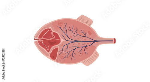 Anatomical illustration of a bladder, showcasing its internal structure and blood vessels.