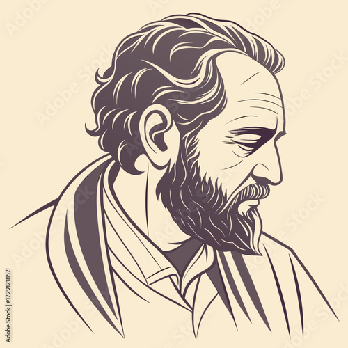 Stylized line art portrait of a thoughtful man with a beard and wavy hair looking down against a plain background