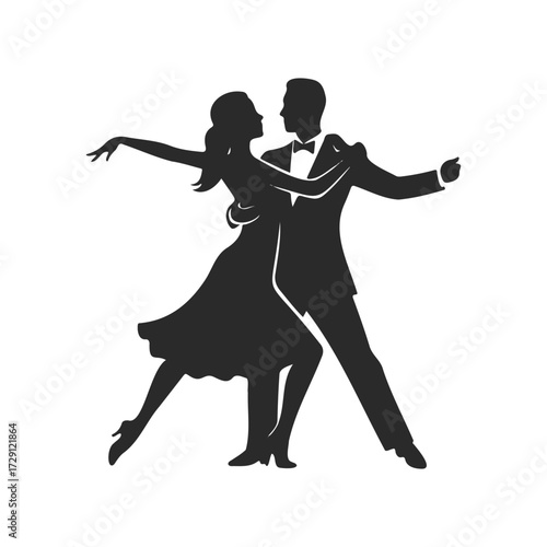 Silhouette of couple dancing ballroom waltz in elegant attire