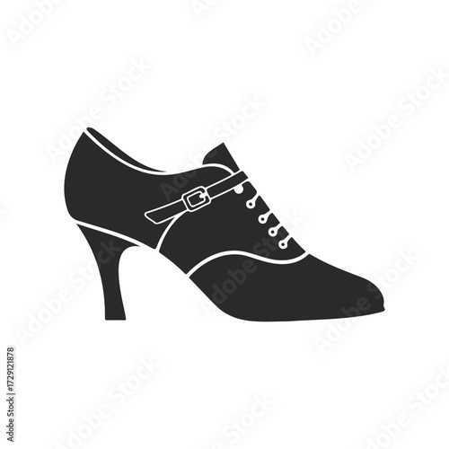 Stylish women's black high-heel shoe with buckle on white background