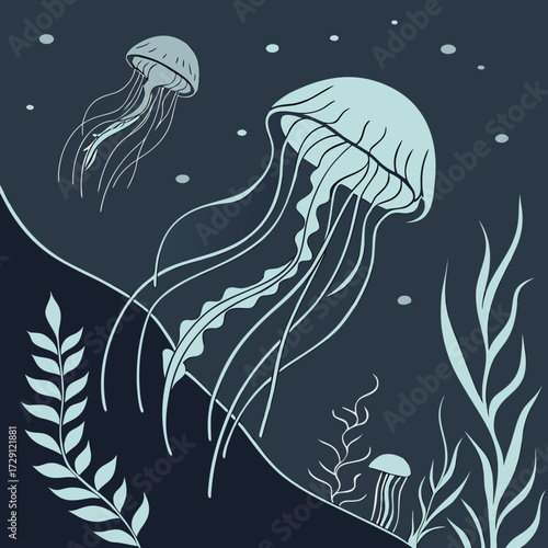 Stylized illustration of three light blue jellyfish gracefully swimming in a dark blue ocean with delicate seaweed and small bubbles floating around them