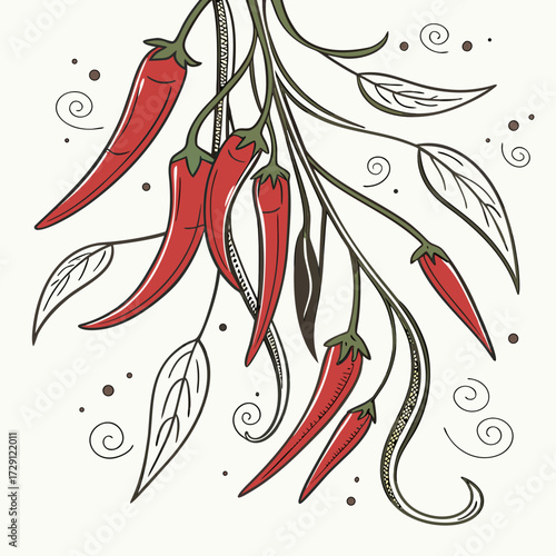 Vibrant red chili peppers with green stems and leaves adorned with decorative swirls and dots creating a lively and artistic culinary illustration