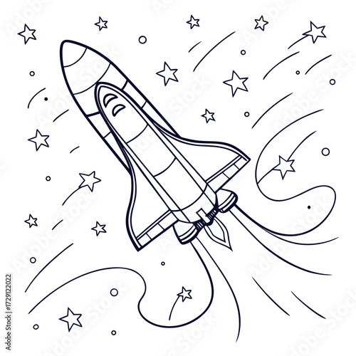 Whimsical line art illustration of a space shuttle ascending through a starry galaxy with fiery exhaust trails and swirling cosmic dust