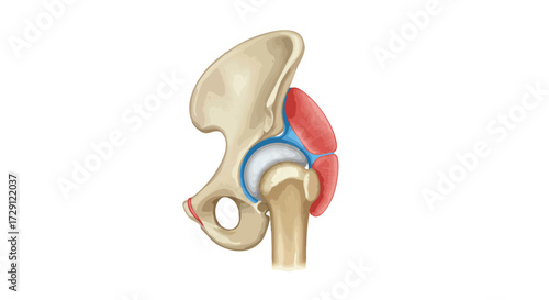 Anatomical illustration of the human hip joint showing the femur, pelvis, cartilage, and surrounding muscles.