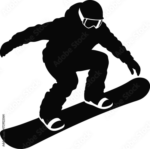 Black silhouette of snowboarder in action white