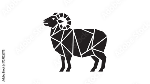 Stylized black ram silhouette with geometric facets and curled horns, symbolizing strength, leadership, and zodiac Aries in a modern minimalist design