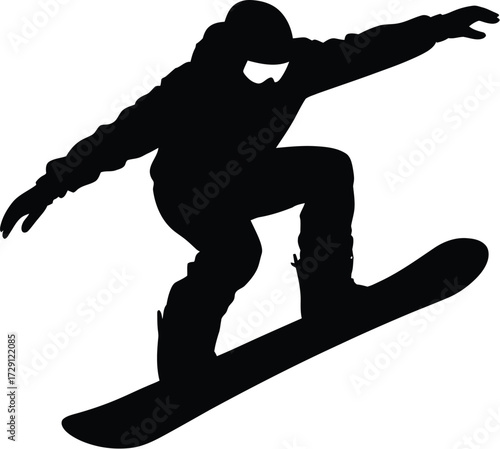 Black silhouette snowboarder performing trick white