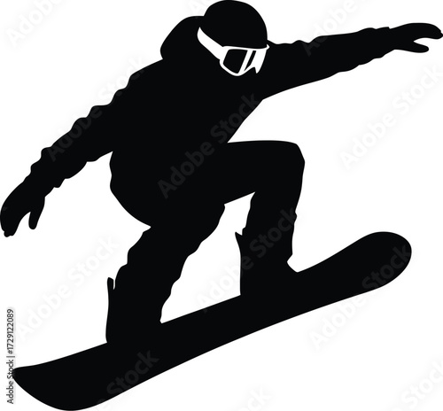 Black silhouette of snowboarder in action white