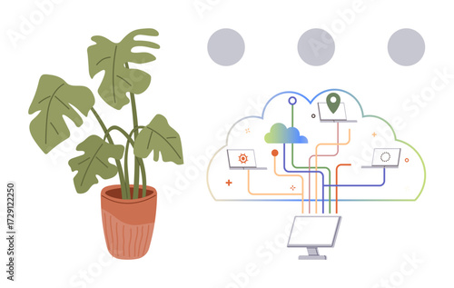 Potted monstera plant beside a cloud computing diagram connecting devices, data storage, and analytics. Ideal for technology, nature, sustainability, innovation, data sharing, modern workspace