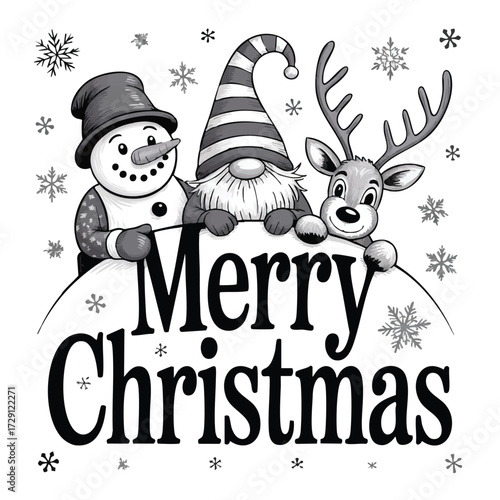 Snowman gnome and reindeer with Merry Christmas sign