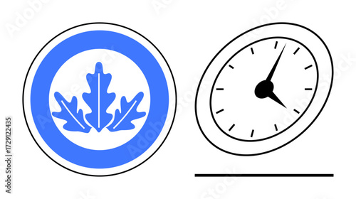 Blue oak leaf inside circular frame paired with tilted clock showing passing time. Ideal for nature, time management, precision, eco-consciousness, sustainability, punctuality, lifestyle. Simple flat