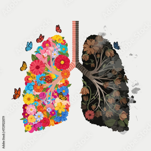 A powerful visual concept showing the contrast between a healthy lung blooming with colorful flowers and a diseased lung withered by pollution