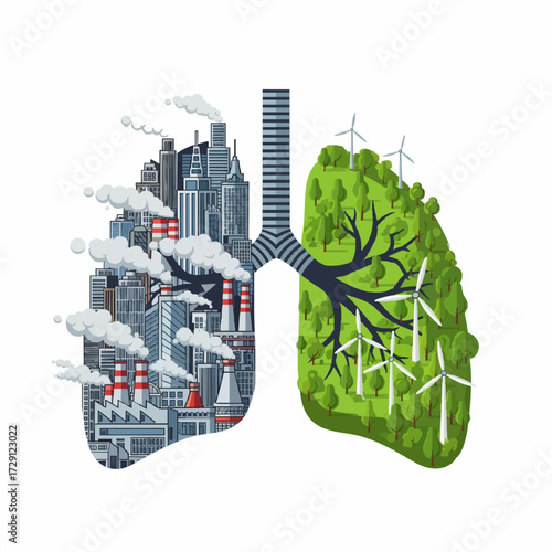 Conceptual illustration contrasting industrial pollution and clean renewable energy within human lungs