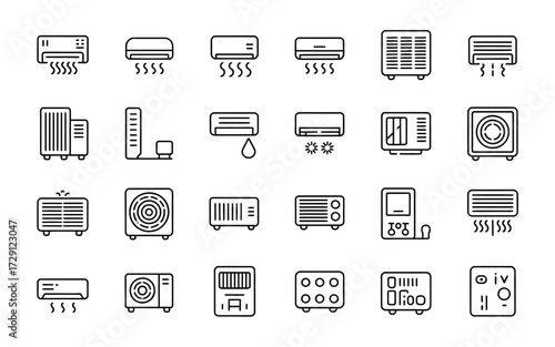 Set of 20 vector icons representing air conditioning units and related devices silhouette vector illustration white background