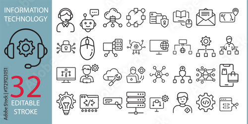 Information Technology icon set. Containing cloud computing, IT manager, big data, data analytics, internet, network security and more. perfect flat icon collection.