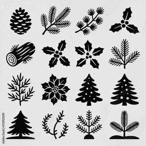 Winter Nature Icons Set Black And White Keywords: christmas, pine cone, pine branch, holly, log