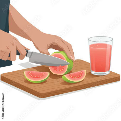 Healthy Guava Snack Preparation: Flat 2D Vector Illustration of Kitchen Scene, Slicing Fruit and Juice