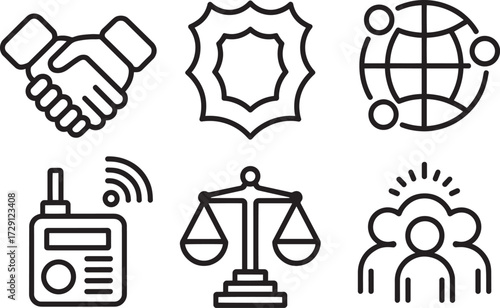 Citizenship and community icons. Handshake, communication, justice, broadcast symbols