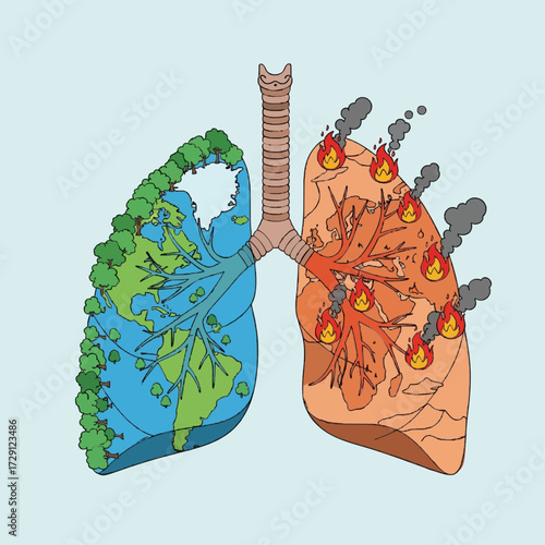 A powerful conceptual illustration comparing Earth's health to human lungs, with one side green and healthy and the other burning from pollution and fire