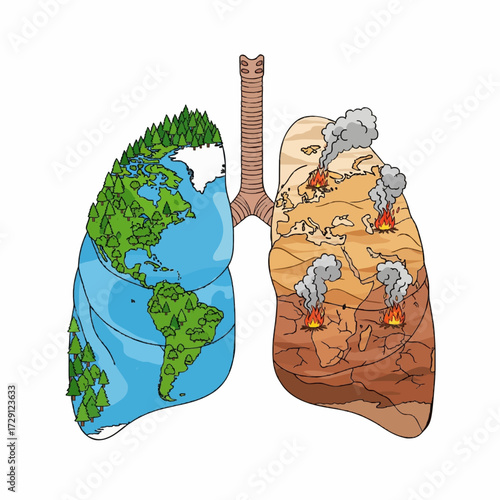 A powerful conceptual illustration comparing healthy green lungs of Earth to polluted, damaged ones, symbolizing the impact of climate change